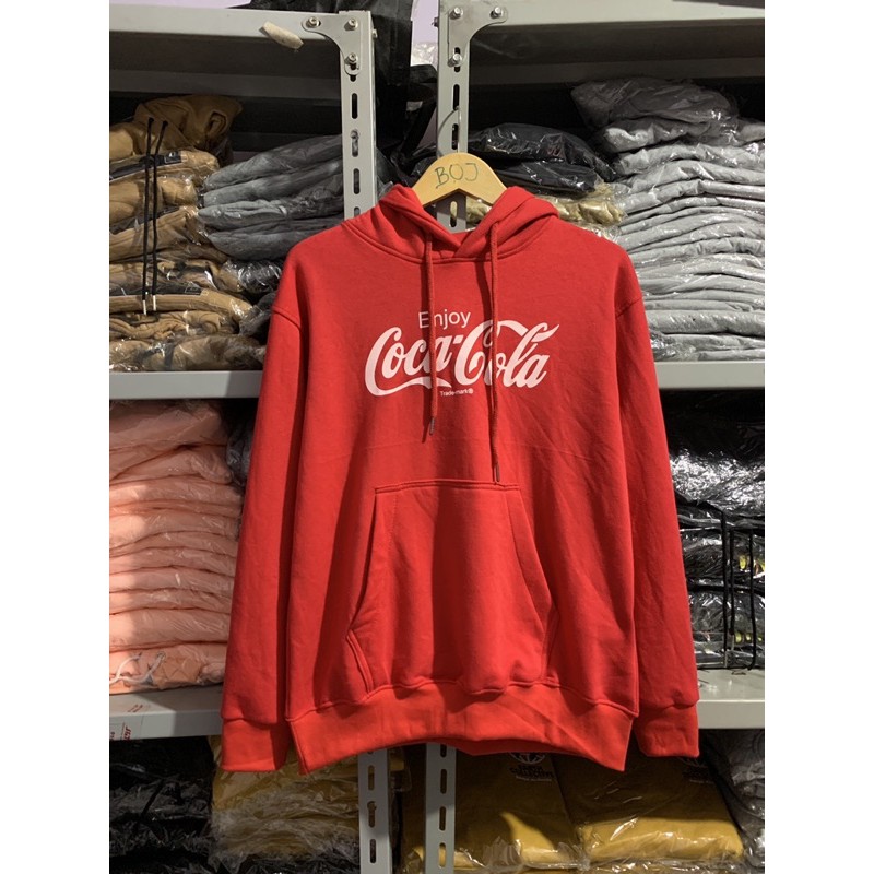 ( 8.8 ) Hoodie H&amp;M Unisex Sablon Coca Cola Logo Red Merah, Flecee Katun Lembut Tebal, Free Papperbag