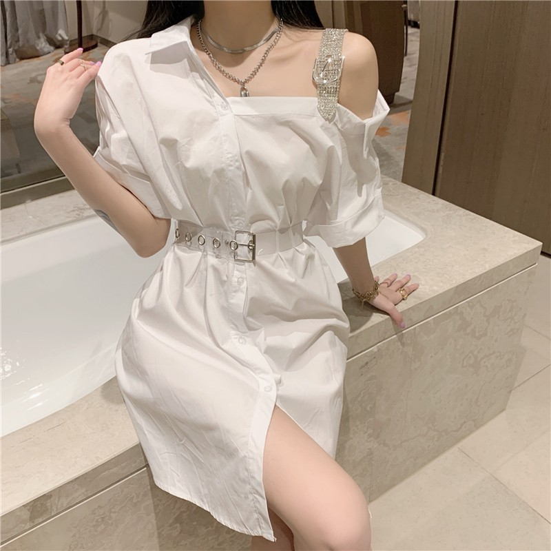 Suhao New Heart Machine Off-Shoulder Spliting Water Drilling Shoulder Strap Shirt Desain Rok Merasa Kecil Lengan Pendek Gaun dengan Sabuk