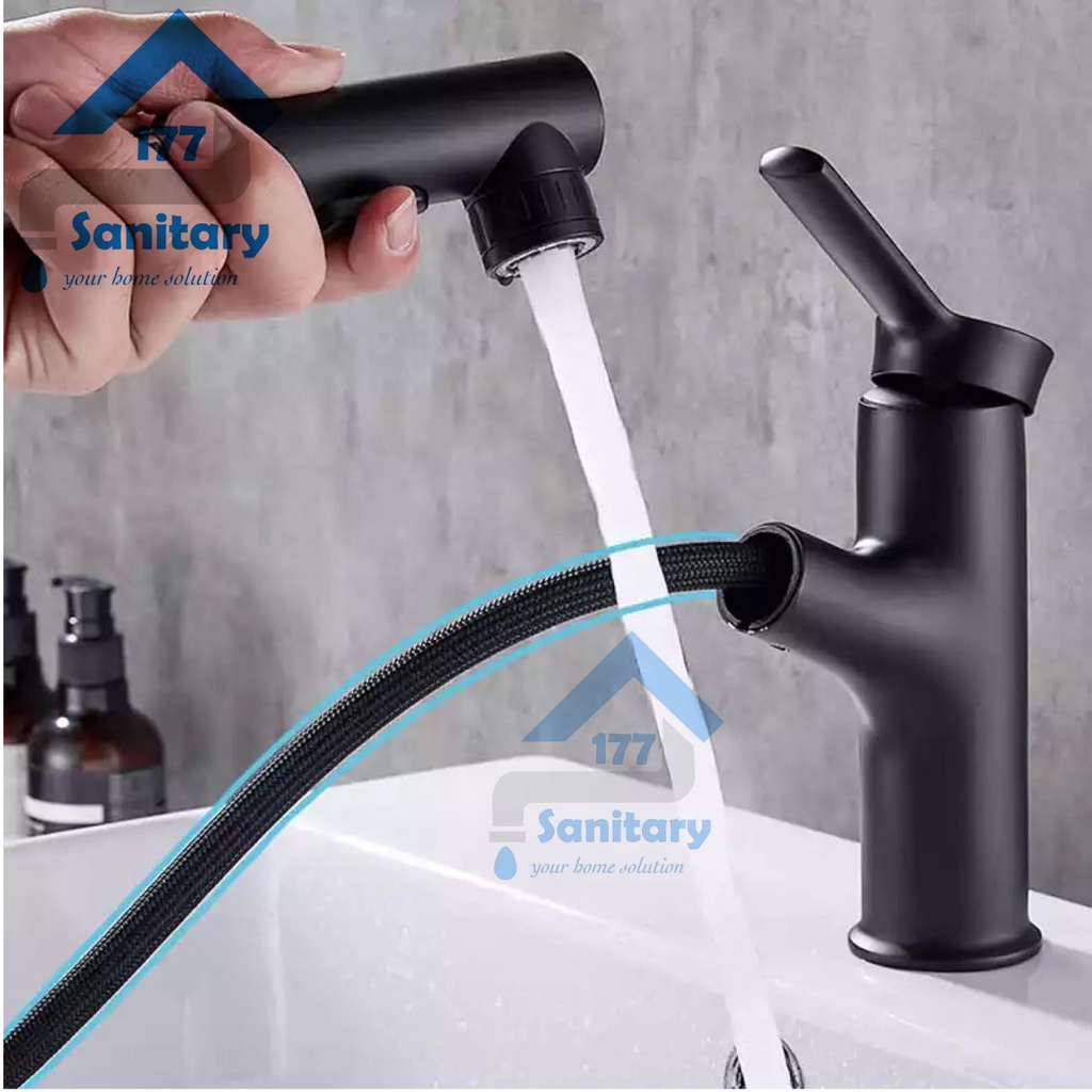 Kran air wastafel panas dingin HITAM tarik 423A-keran fleksibel black matte sink cuci tangan mixer air keatas