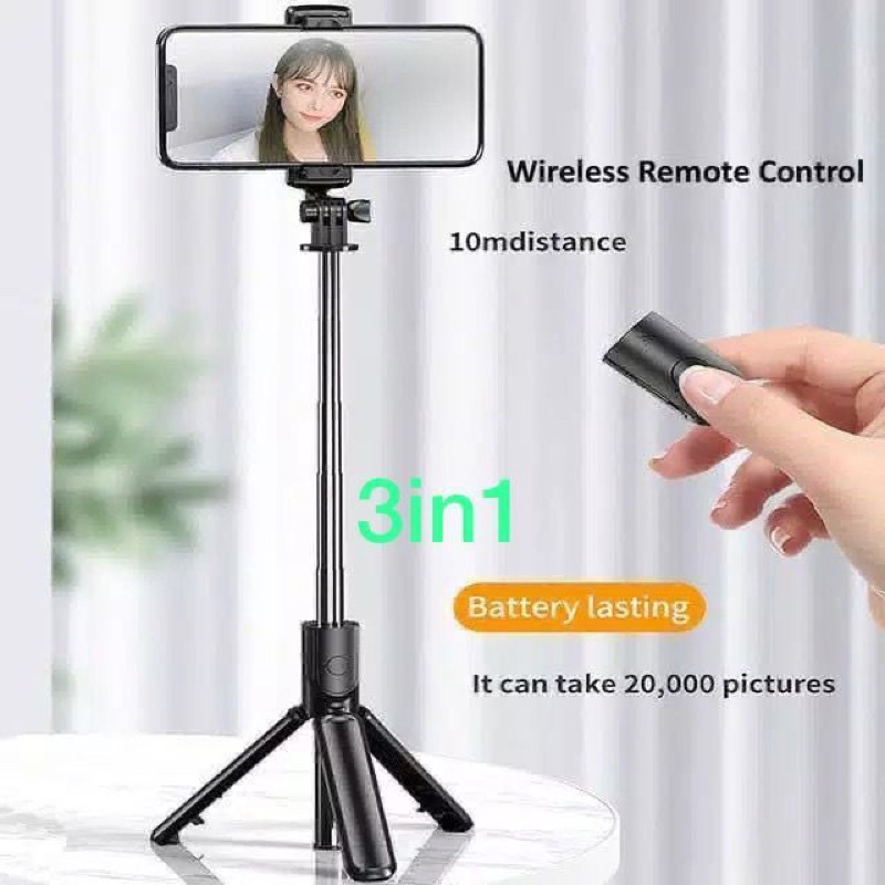 Bluetooth Selfie STICK PORTABLE / Tongsis / Tripod 3 in 1 REMOT KONTROL Holder Hp / tongsis tripod 3in1 remote selfie stick tripod 360° tongsis tripod tomsis bluetooth tripod R1 / Tripod Hanphone Hp / Tongsis Hanphone Hp