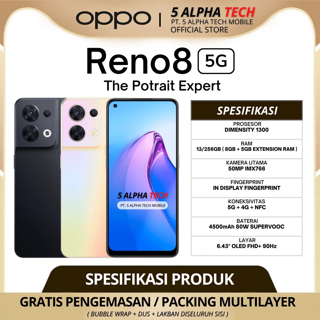 OPPO RENO 8 5G 13/256GB ( 8GB + 5GB EXTENDED RAM ) RENO8 GARANSI RESMI OPPO