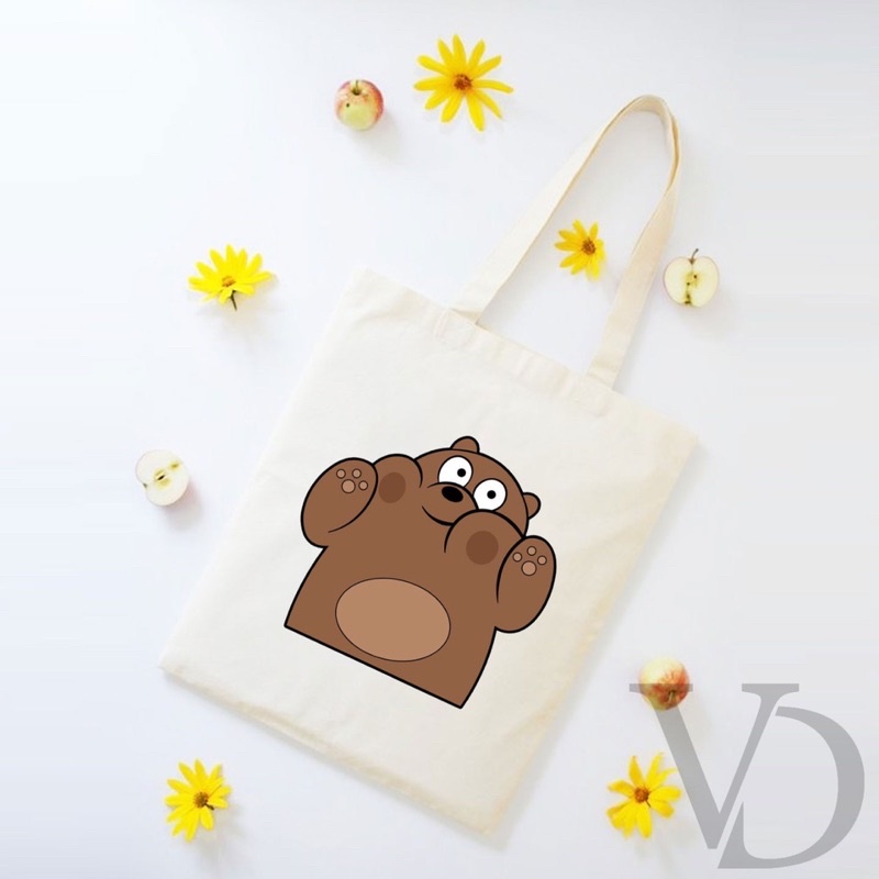 TOTE BAG BAHAN KANVAS GRIZZLY CUTE TOTE BAG / TAS BELANJA MOTIF KOREA