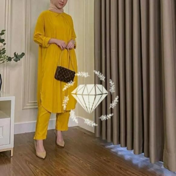 ✸ PROMO Aurelia Set Bahan Katun Rayon / SETELAN LONG TUNIK POLOS / ☼