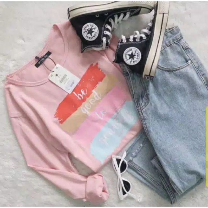 Fourfashion TUMBRL LONGSLEEVE BE GOOD LENGAN PANJANG KAOS WANITA BAHAN SPANDEK FIT L