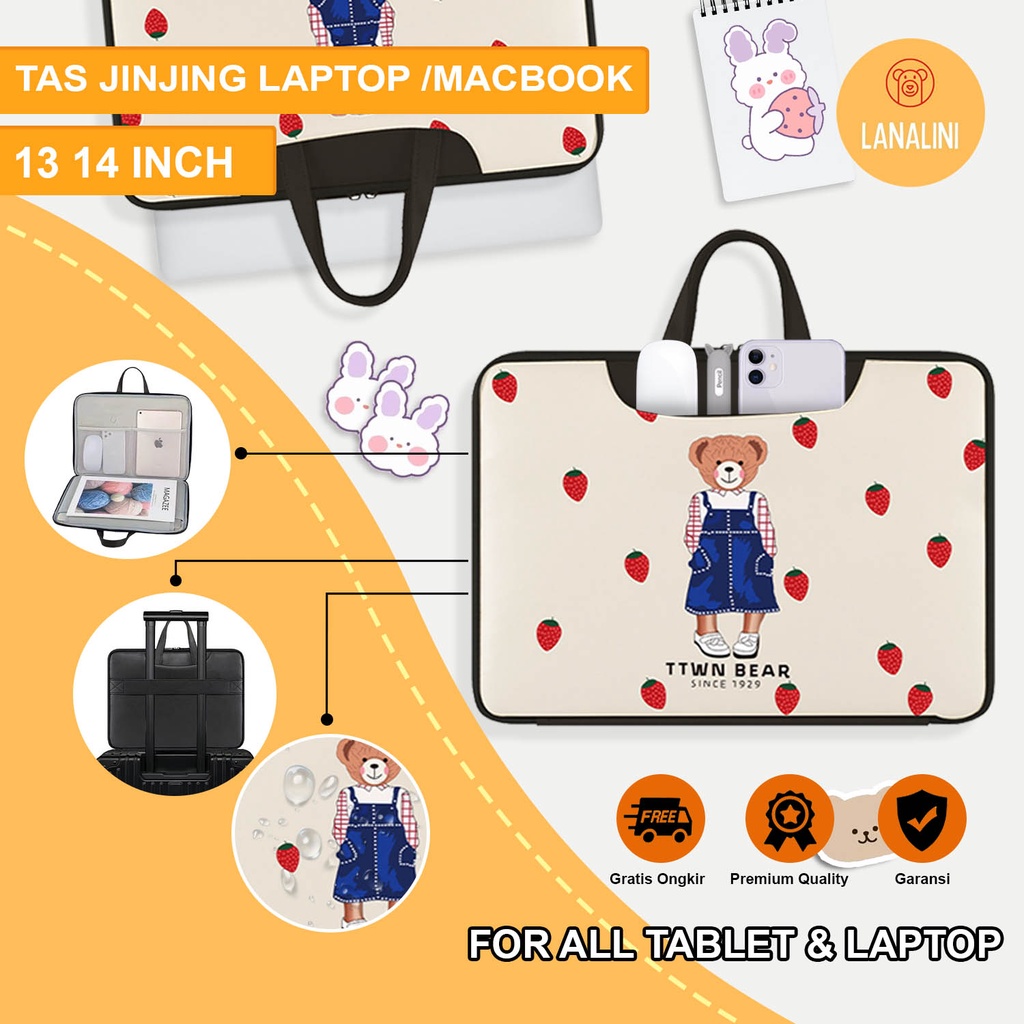 Sleeve Pouch Sarung Tas Bag Case Ipad Tab Tablet Macbook Air Pro Laptop Asus Acer Lenovo HP Huawei 11 12 13 14 15 inch Motif Gambar Beruang Bear Strawberry Warna Putih Merah Hitam Lucu Cute Murah Korean Model Jinjing Tali Strap