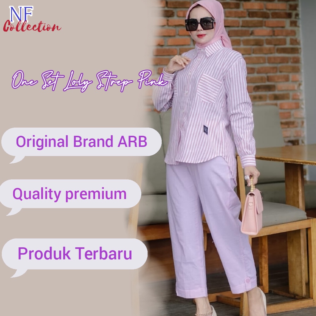Nf017 one set kemeja salur pink wanita fashion muslim By ARB