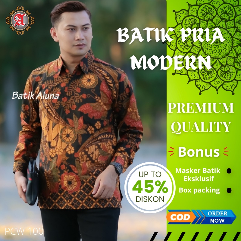 Kemeja Batik Modern Pria Lengan Panjang Lapis Furing Slim fit Aluna Sragen Original Baju Kerja Cowok