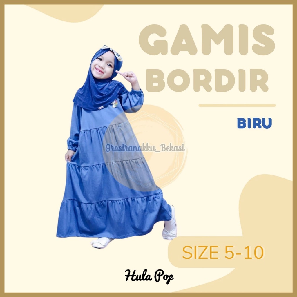 Gamis Kaos Anak Aplikasi Bordir Warna Biru Size 5-10Tahun