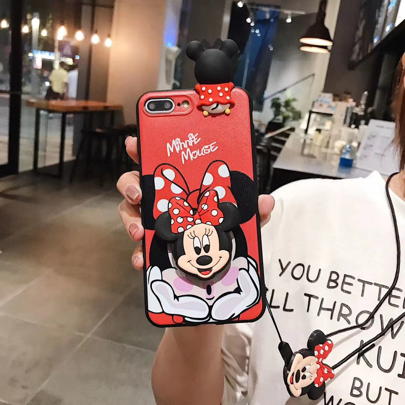 Disney Cartoons Mickey Minnie Soft Case iPhone 11 Pro Max XS XR SE2 i6 7 8 Plus Cartoon bracket lanyard Case