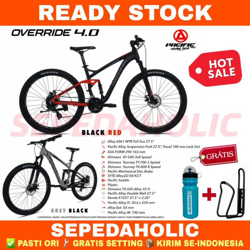 Sepeda Gunung 27.5" Inch MTB PACIFIC OVERRIDE 4.0 Alloy Full Suspensi 24 Speed Cakram Garansi Resmi 