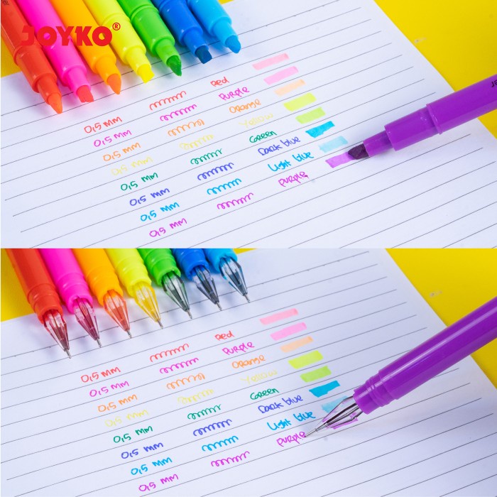 

TULIS-ALAT- COLOR GEL PEN PENA JEL + HIGHLIGHTER PENANDA JOYKO GPC-277 8 WARNA -ALAT-TULIS.