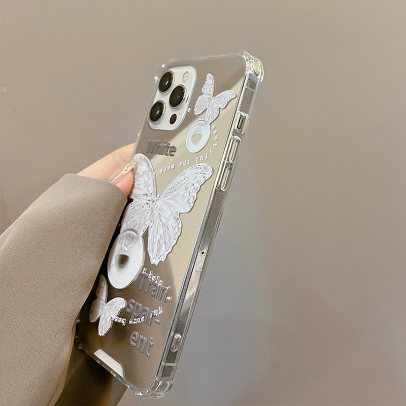 Soft Case Silikon Motif Kupu-Kupu Putih Dengan Cermin Makeup Untuk IPhone 7 8 Plus X XR XS Max 11 Pro Max 12 13 Pro Max SE 2020