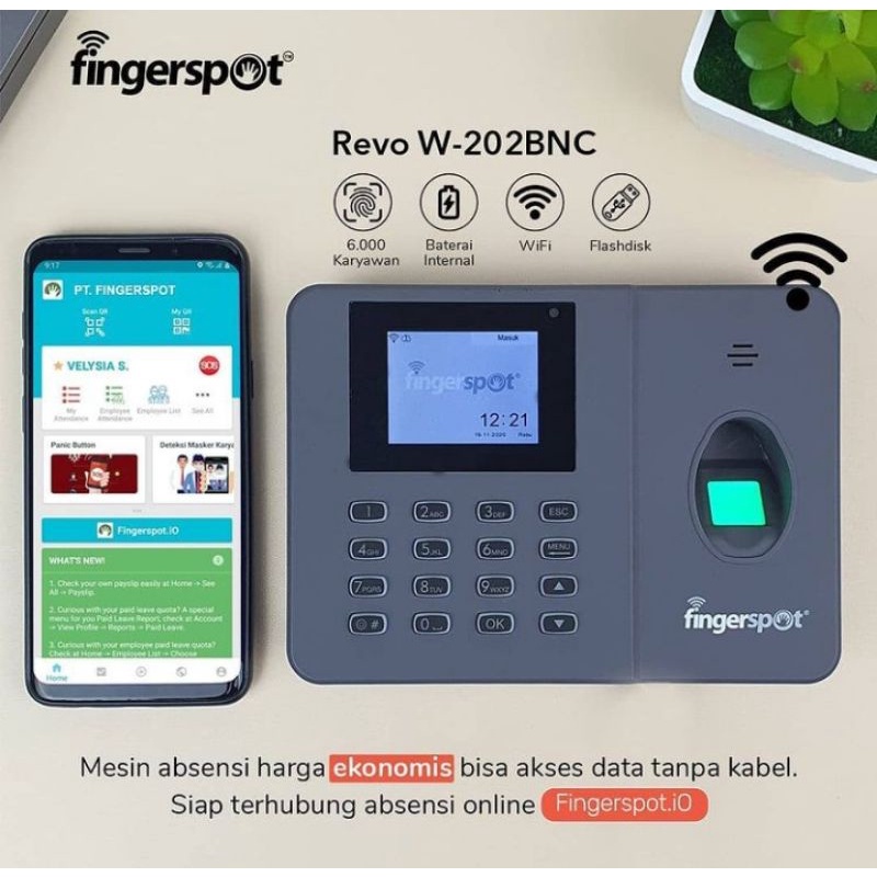 fingerspot Revo W-202BNC mesin absensi wifi dengan battery internal fingerspot w202 mesin absensi online jari/kartu/password