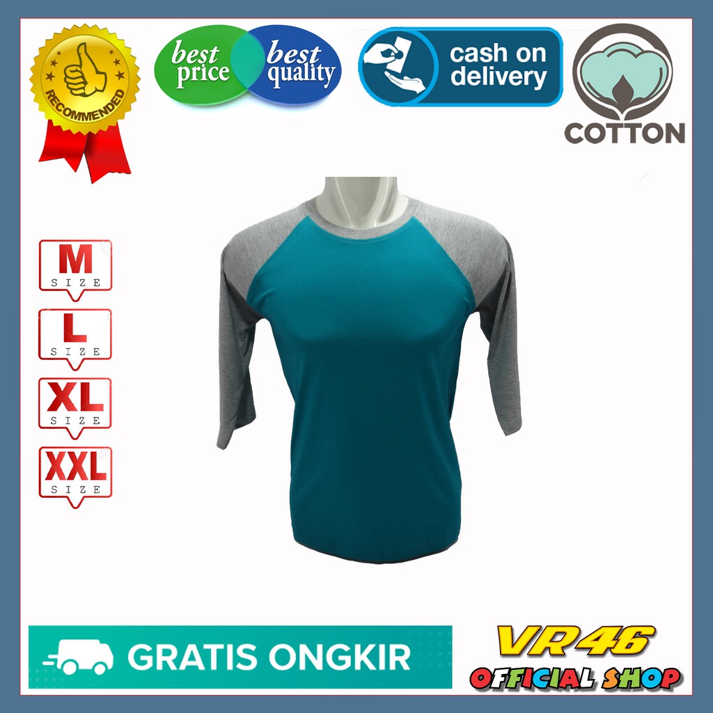 Kaos Reglan Raglan Lengan 3/4 Warna Hijau Toska Lengan Abu Misty Size M L XL XXL Bahan Katun 24S 80