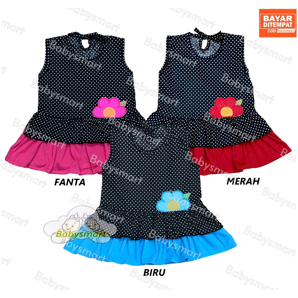 Babysmart - Baju bayi/Anak Perempuan Dress motif Polkadot Bunga Susun PLANET KIDS usia 0 -12 bulan