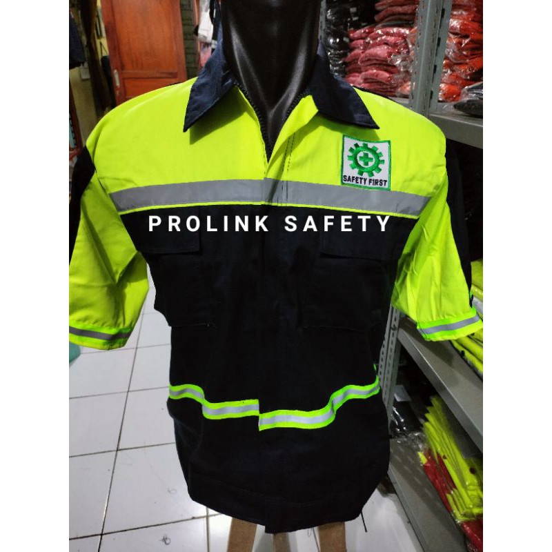 LENGAN PENDEK RESLETING BAJU SAFETY NAVY GELAP HIJAU STABILO