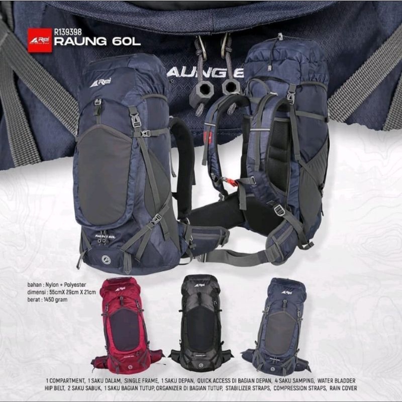 tas gunung Carrier original Arei Raung 60L dapat raincover arei outdoorgear