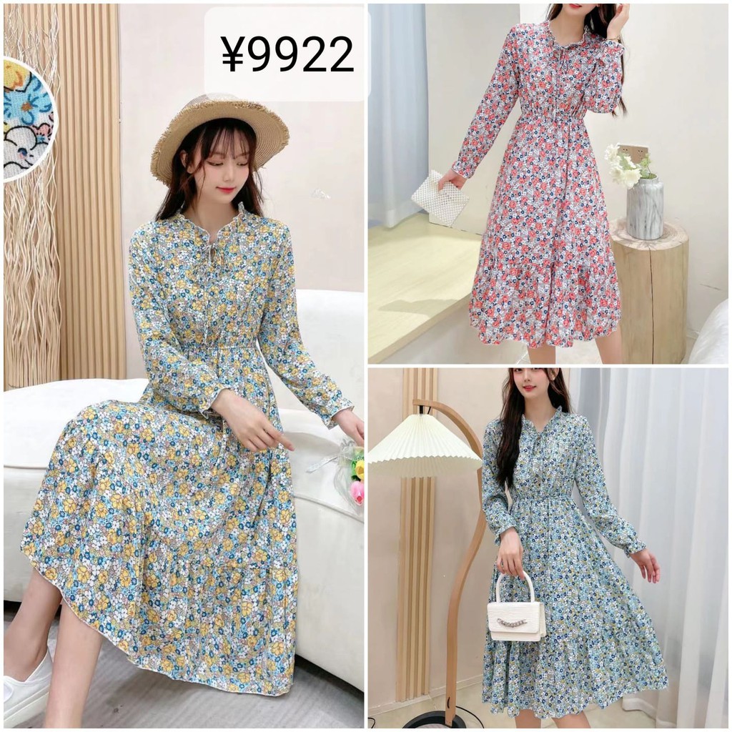 Gaun Wanita Motif Floral Dress Vintage Korean Style 9920 - 9925-4