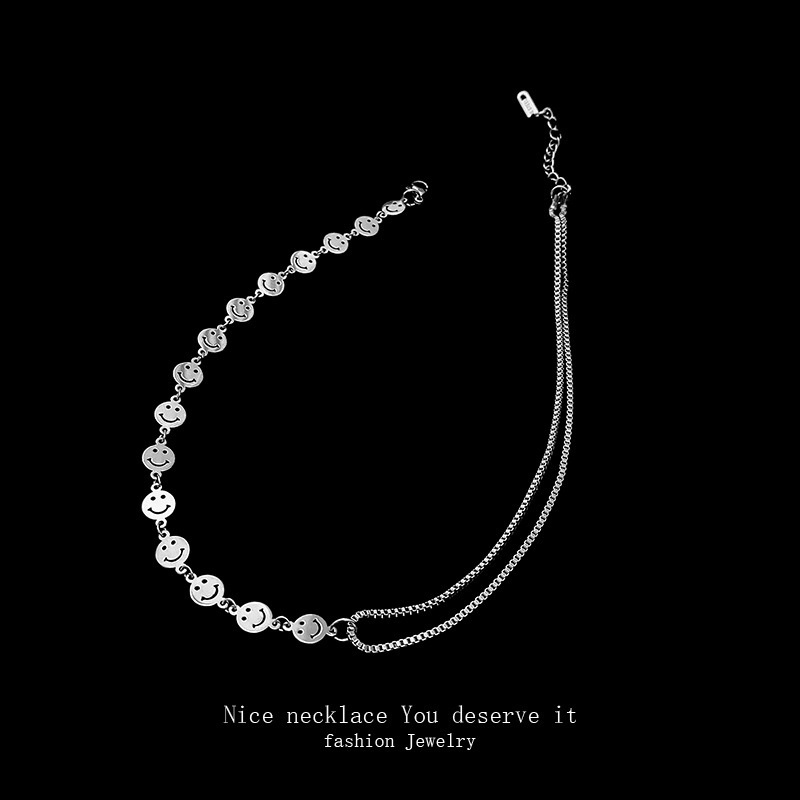 Kalung Rantai Bahan Titanium Steel Model Double layer Motif Smiley Face Gaya Hip hop Untuk Wanita
