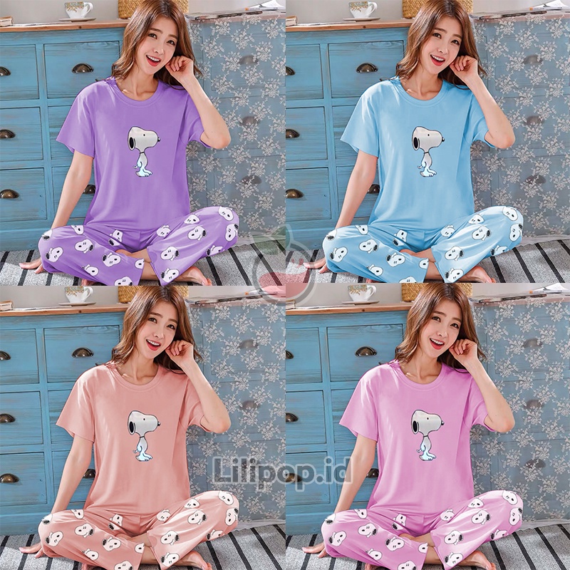 Lilipop.id  Baju Tidur Wanita CP Snoopy Setelan Piyama BabyDoll Kaos Celana Panjang