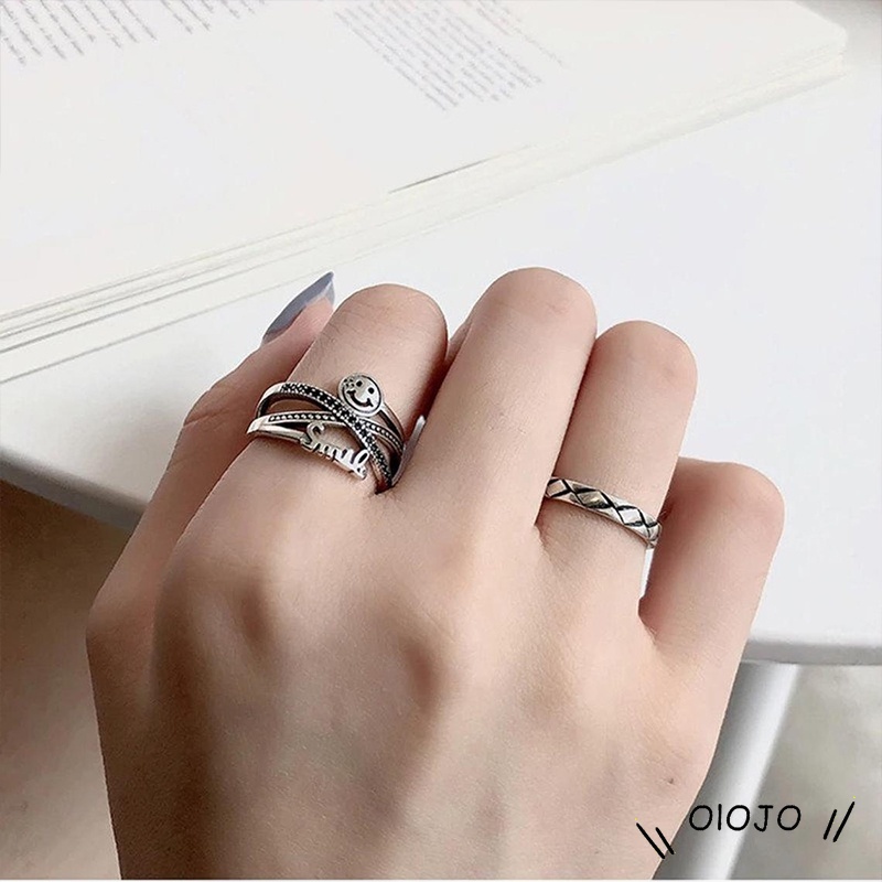 Smiley Surat Cincin Kepribadian Wanita Retro Pembukaan Adjustable Pasangan Cincin Perhiasan - ol