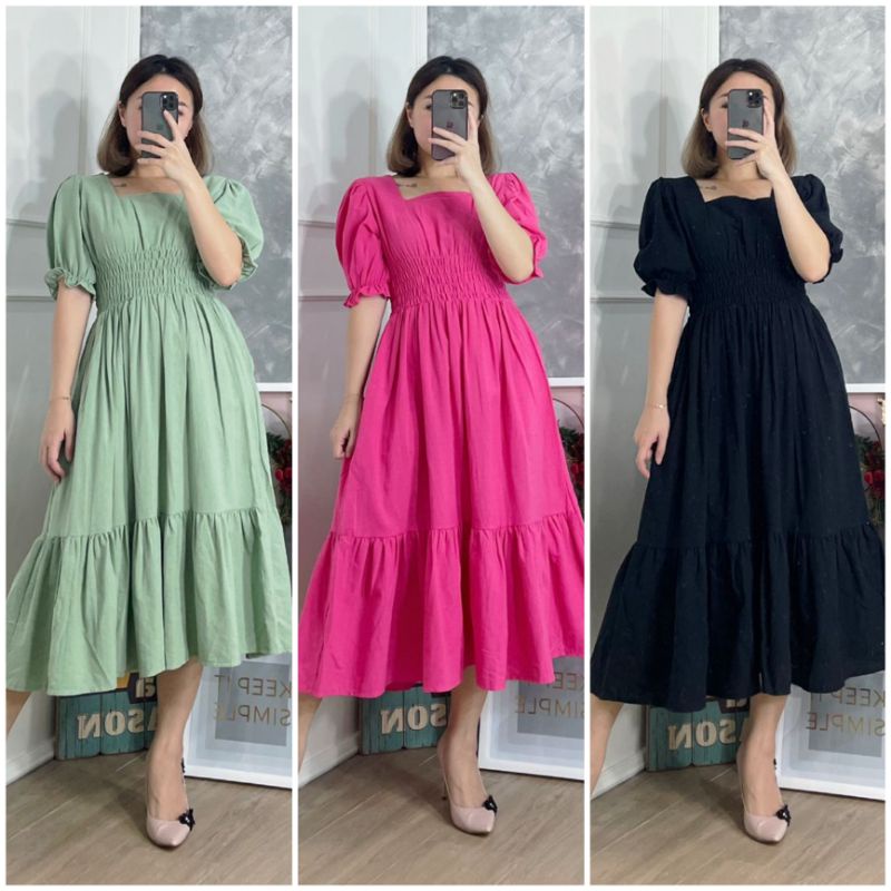 ⚡️ SALE ⚡️ PREMIUM ♡ ORIGINAL ! CLARINETTE SQUARE NECK SMOCKED WAIST RUBBER RUFFLE MIDI DRESS