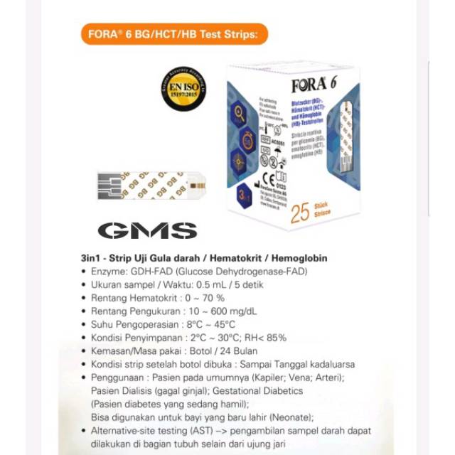 Strip 3 in 1 Fora 6 Plus ( Gula Darah , Hematokrit , Hemoglobin ) Box isi 25 Strip