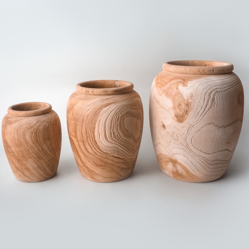 vas bunga kayu jati | vas gentong kayu jati solid | vas guci medium | wooden vase