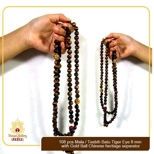 108 Pcs Mala/Tasbih Batu Tiger Eye 8mm with Gold Ball Chinese Heritage