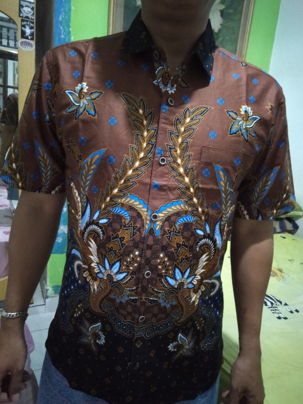 [gridline - S079 Mocha & Steel Blue] Kemeja Batik Slimfit Pria Katun Lengan Pendek Match