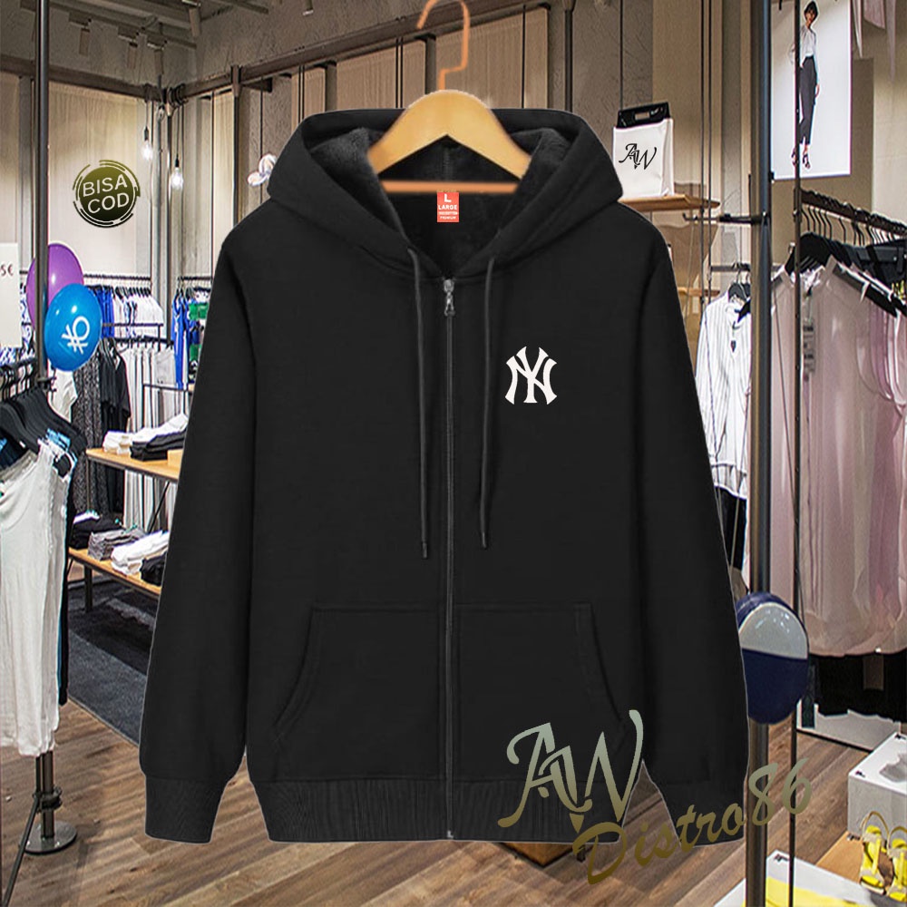 COD Jaket Distro New York Text Putih Premium Quality Sweater Tulisan Jaket Kata-Kata Hoodie Sablon