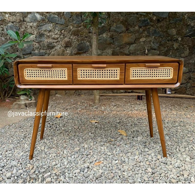 BUFET TV RETRO ROTAN MEJA RIAS TOLET BAHAN KAYU JATI FINISHING NATURAL