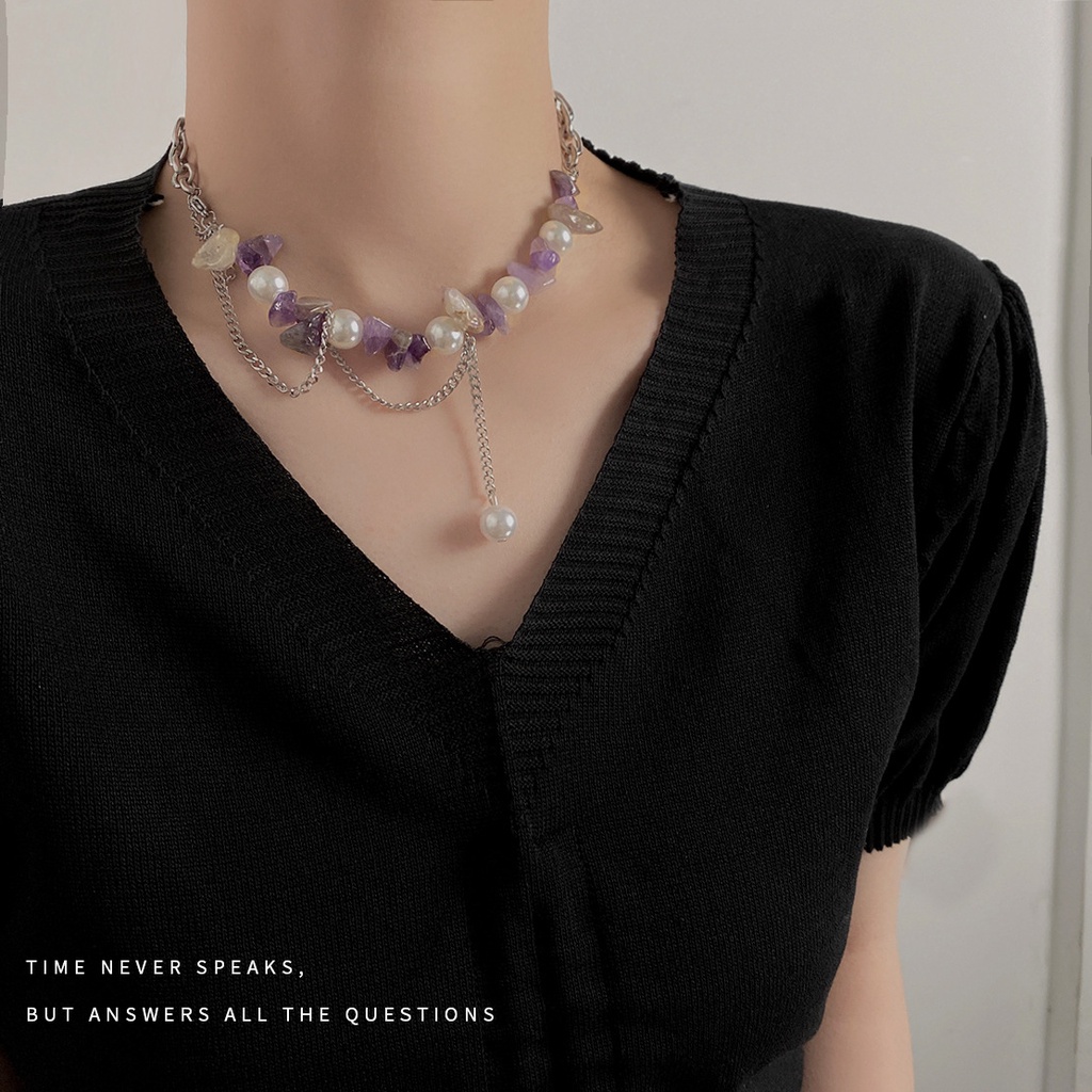 Purple Gravel Stitching Pearl Necklace Accessories Retro Personality Clavicle Chain