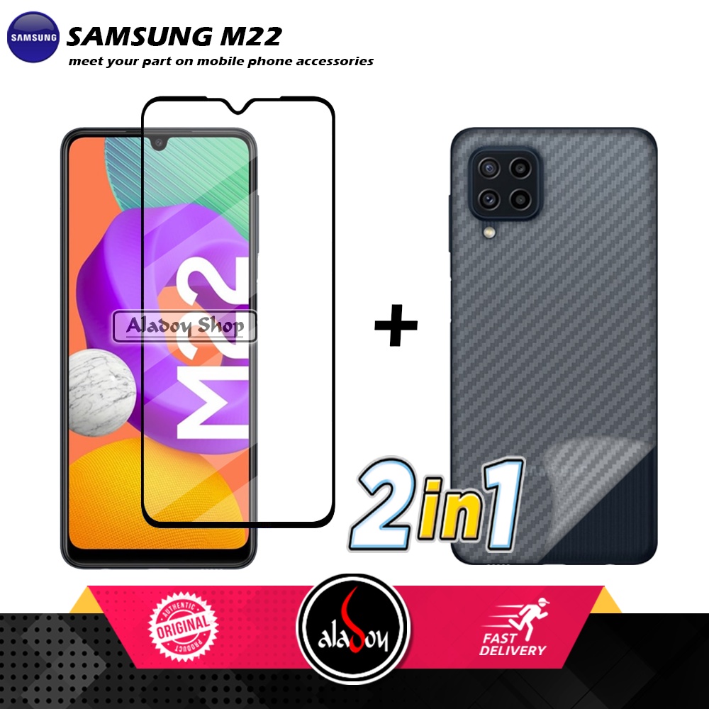 PAKET 2 IN 1 Tempered Glass Layar Samsung M22 + Skin Carbon Film 3D