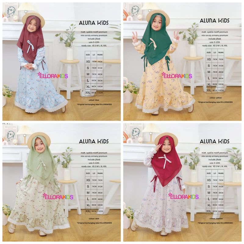 gamis anak usia 3-12tahun Aluna kids syari by ellora kids