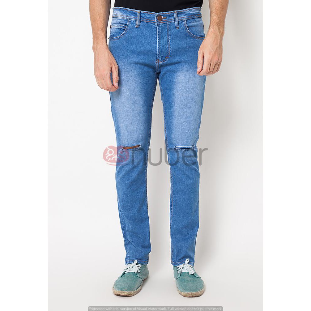 Promo!! Celana Jeans Panjang Pria Ripped Skinny Stretch Cowok Blue Sea - Navy, 35