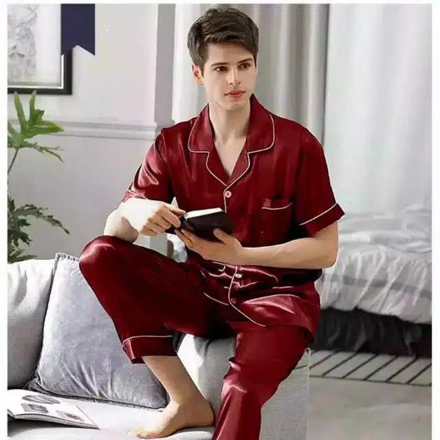 Baju tidur pria dewasa LD 110 120  set piyama cowok jumbo celana panjang lengan pendek setelan laki