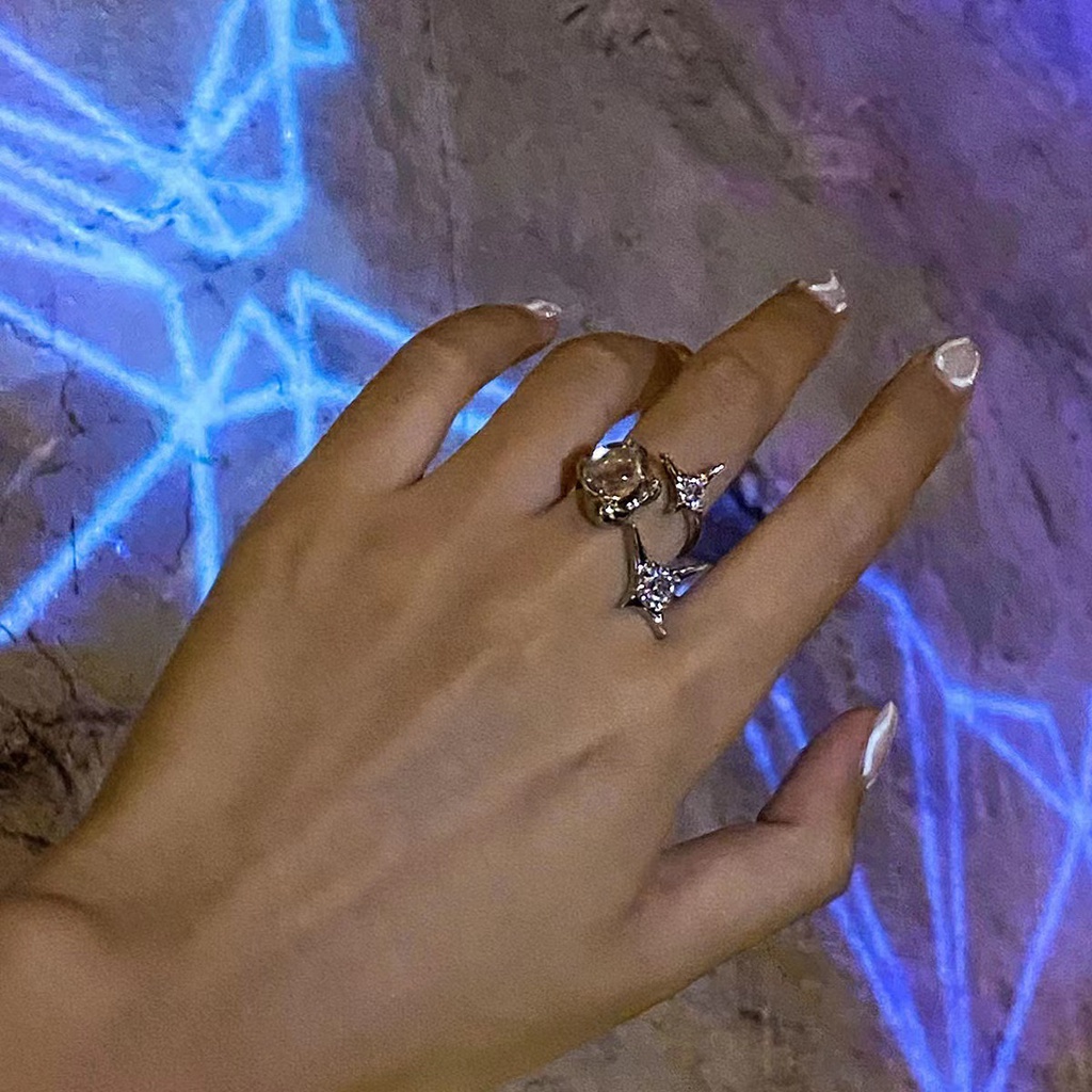 Cincin Silver Hias Kristal Opal Asimetris Untuk Wanita