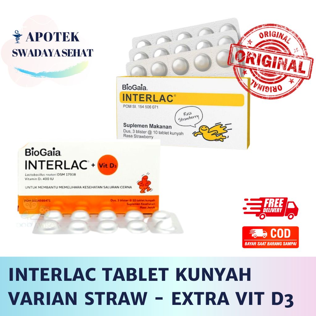 INTERLAC Tablet Kunyah Strawberry - Extra + Vit D3 Rasa Jeruk Varian - Interlak Suplemen Probiotik Pencernaan Bayi Anak Diare
