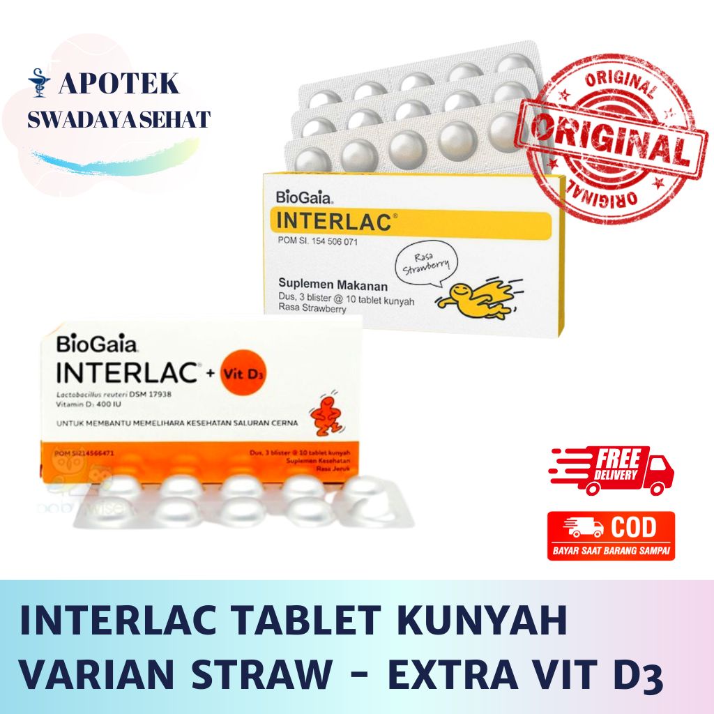 INTERLAC Tablet Kunyah Strawberry - Extra + Vit D3 Rasa Jeruk Varian - Interlak Suplemen Probiotik P