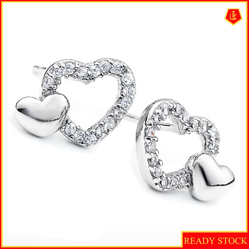 [Ready Stock]925 Silver Fashion Double-Heart Diamond Stud Earrings