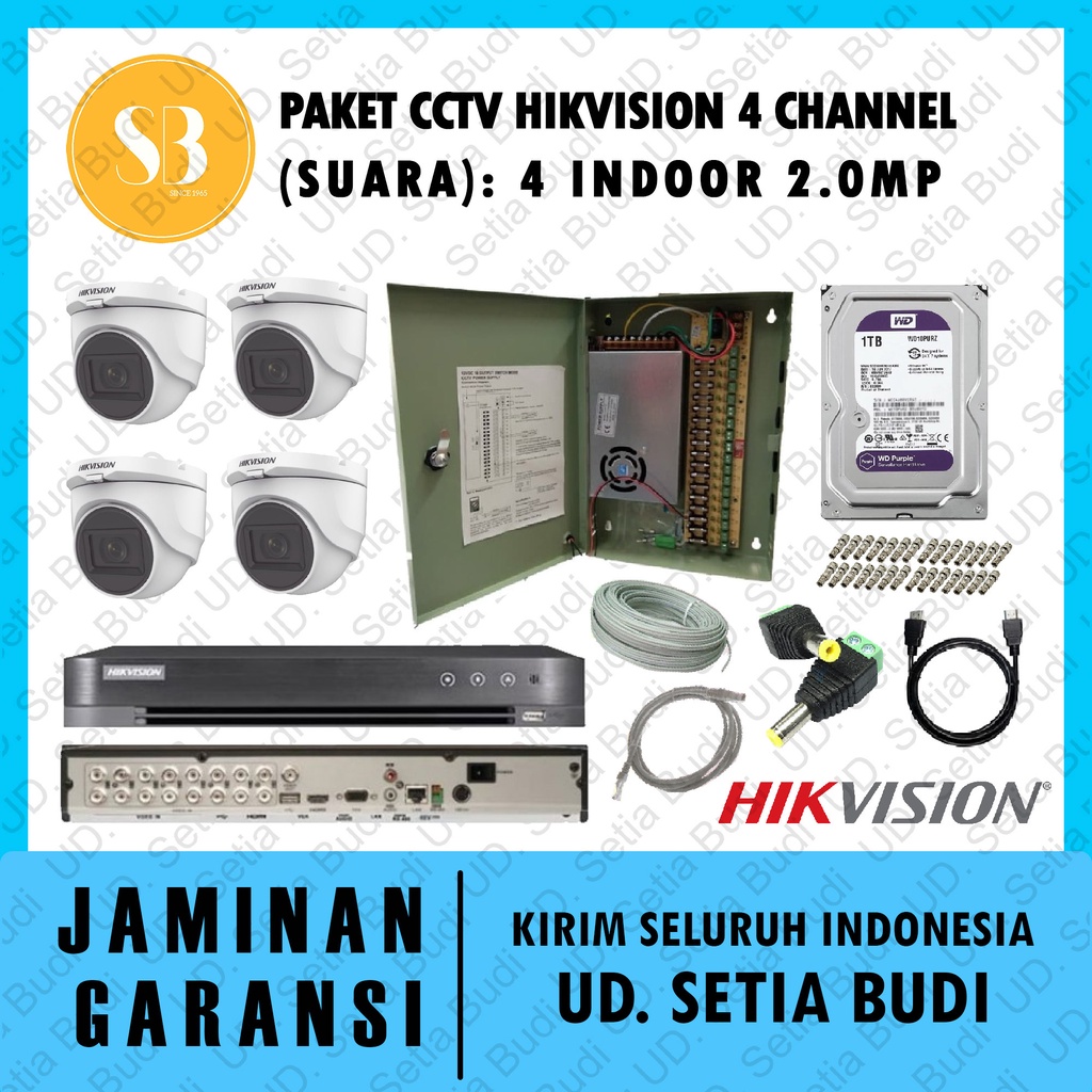 Paket FULL CCTV Hikvision 4 Channel (Suara): 4 Indoor 2.0 MP