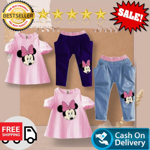 VISION ONLINE-STRIPY MINNIE PINKY/ SETELAN ANAK PEREMPUAN 1-4 TAHUN MURAH LUCU CELANA DENIM KOREA