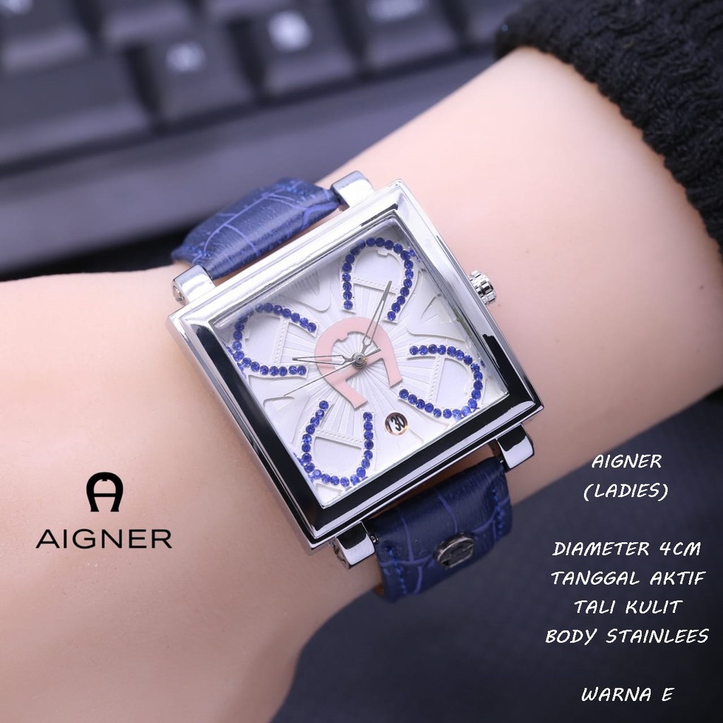 JAM TANGAN WANITA AIGNER TALI KULIT BODY STAINLEES SEGI TANGGAL AKTIF