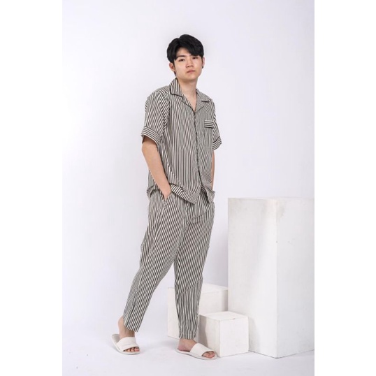 HANA SLEEPWEAR PIYAMA / BAJU TIDUR PRIA / WANITA ( COUPLE )  100 % COTTON-Black Stipes