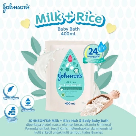 Johnsons Milk + Rice Hair &amp; Body Baby Bath - Sabun Bayi 2in1 Refill 400ml