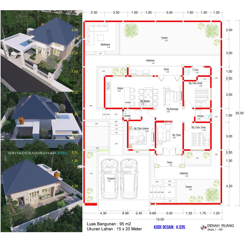 Desain Rumah 1 Lantai Type 95 Lebar 15 Meter 3 Kamar Tidur Mewah Modern