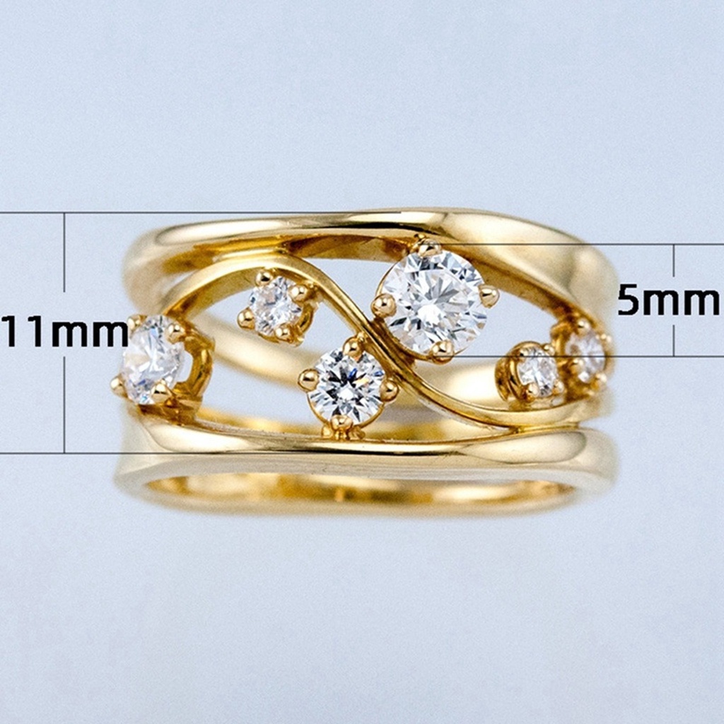 Hu Hu Hu Hu Hu Alat Bantu Pasang Kacamata♡ Cincin Bentuk Garis Gelombang Geometris Aksen Berlian Imitasi Warna Emas Untuk Wanita