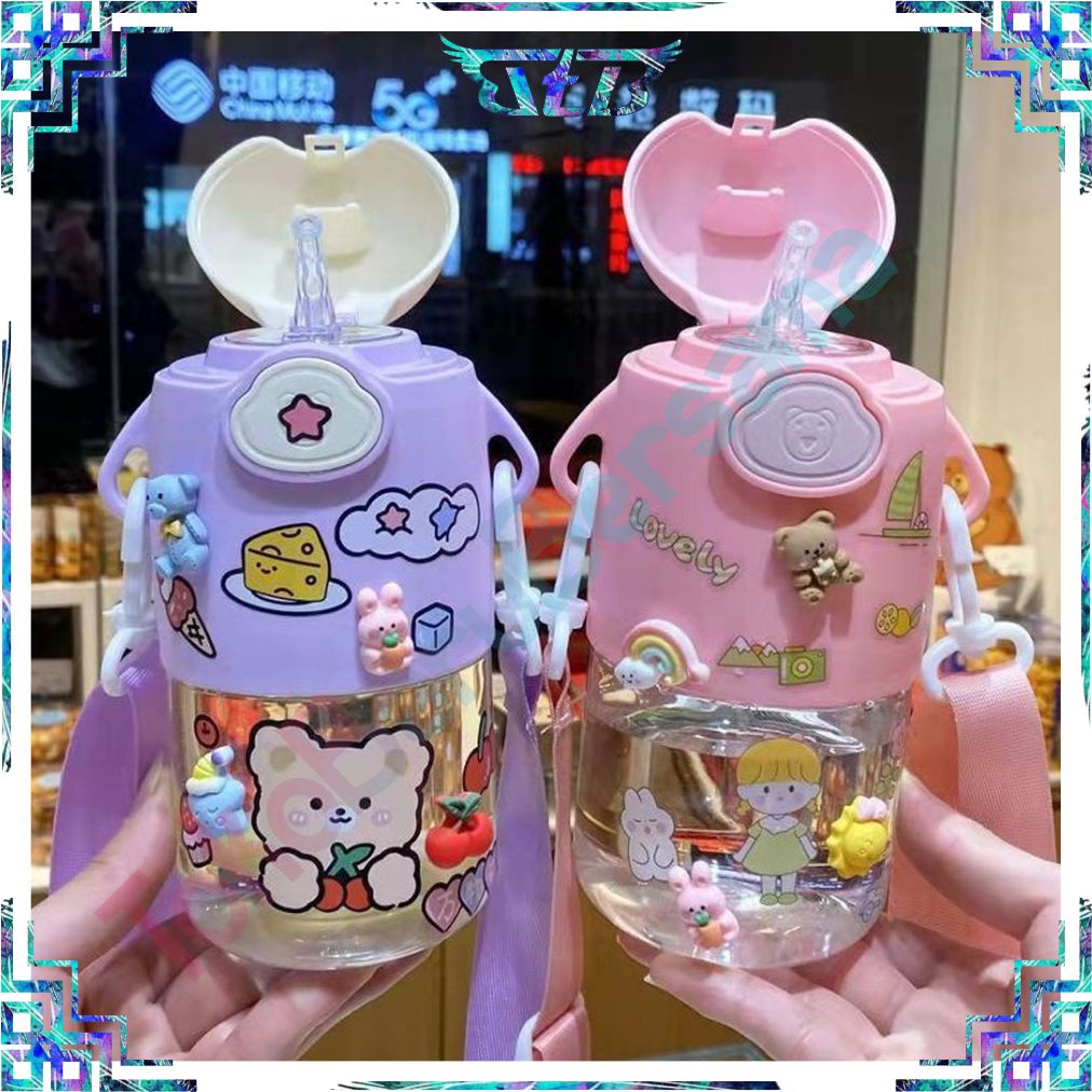 Botol Minum Anak Air 600ml Botol Minum Anak Lucu Motif Karakter Beruang Imut dengan Sedotan R746