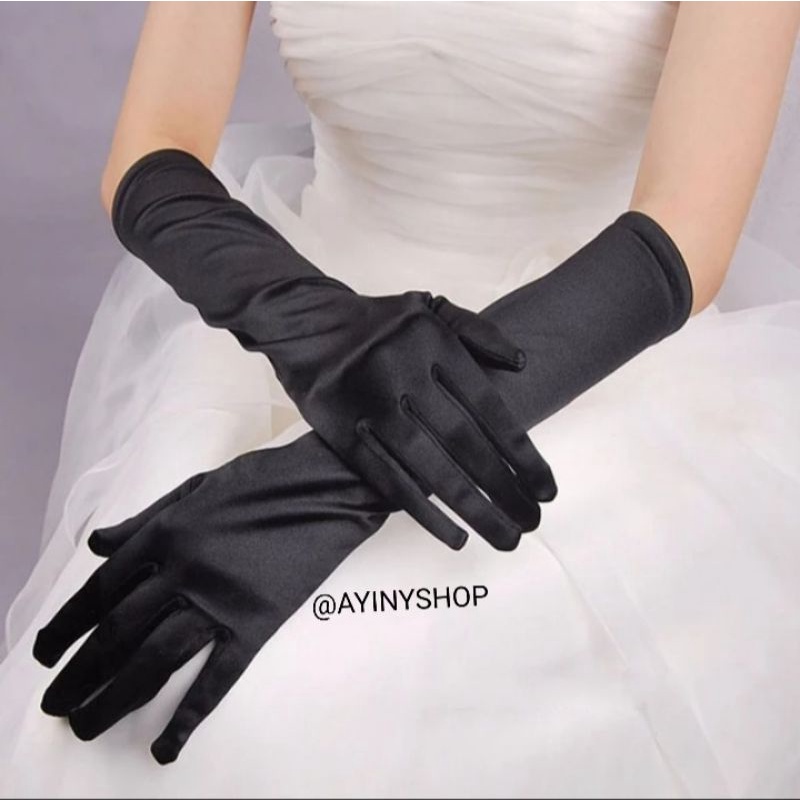 Sarung Tangan Satin Polos Panjang Pesta-Gloves Panjang Hitam